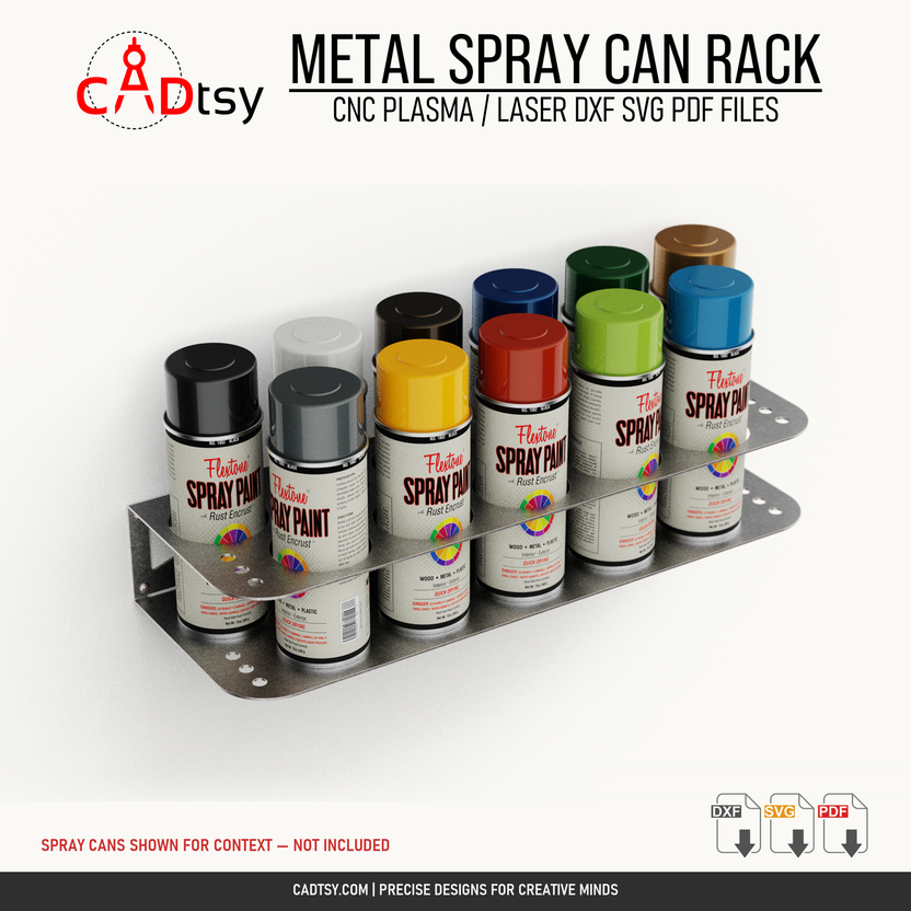 Wall-mounted metal spray can rack holding eleven cans shown for context
