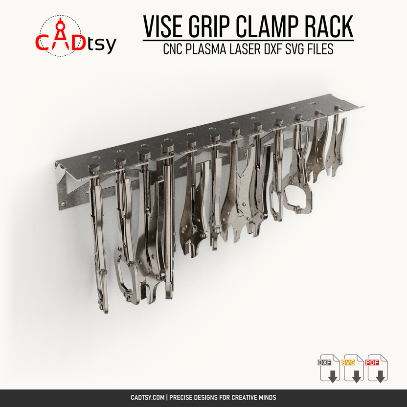 Wall-mounted metal vise grip clamp rack holding locking pliers