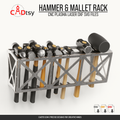 Wall-mounted metal rack holding up to 12 hammers and mallets
