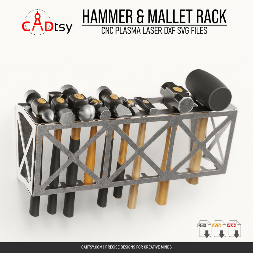 Wall-mounted metal rack holding up to 12 hammers and mallets