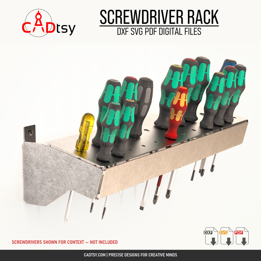 Screwdrivers shown in the finished metal wall rack as context; screwdrivers not included