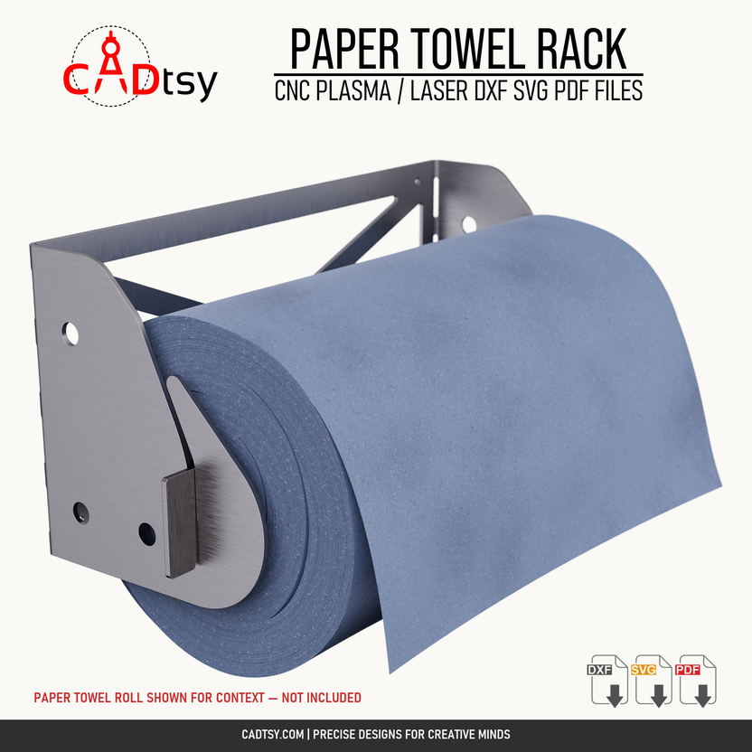 Angled view of the metal paper towel rack with a roll shown for context