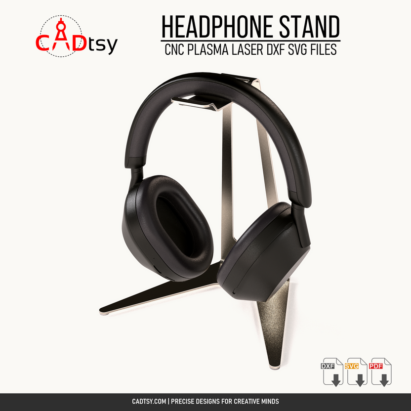 R2 metal headphone stand holding over-ear headphones