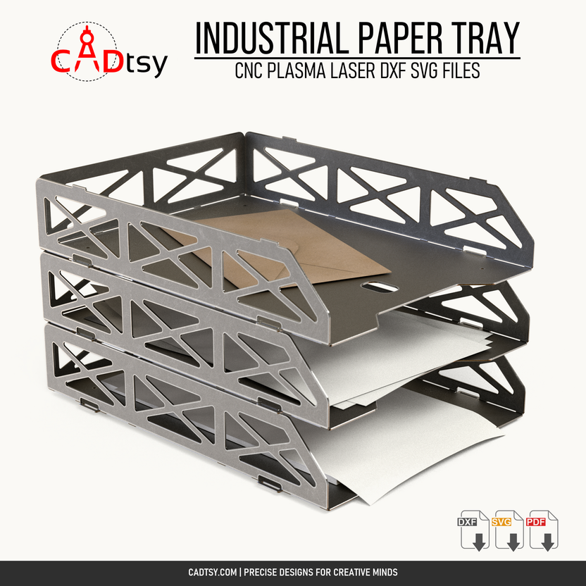 Three stacked industrial metal paper trays for A4 and Letter documents