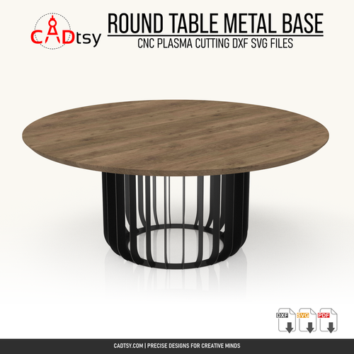 Finished 700 mm round radial metal table base shown with a wood tabletop