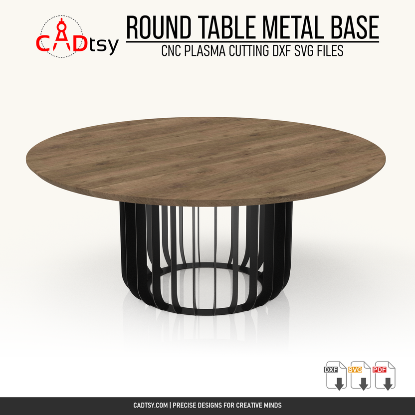 Finished 700 mm round radial metal table base shown with a wood tabletop