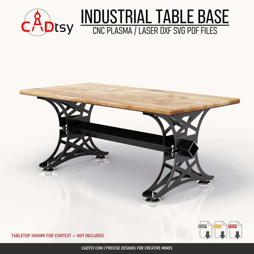 Industrial steel table base shown with a wood tabletop for context