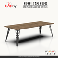 Eiffel style sheet-metal table legs shown on a complete wooden table