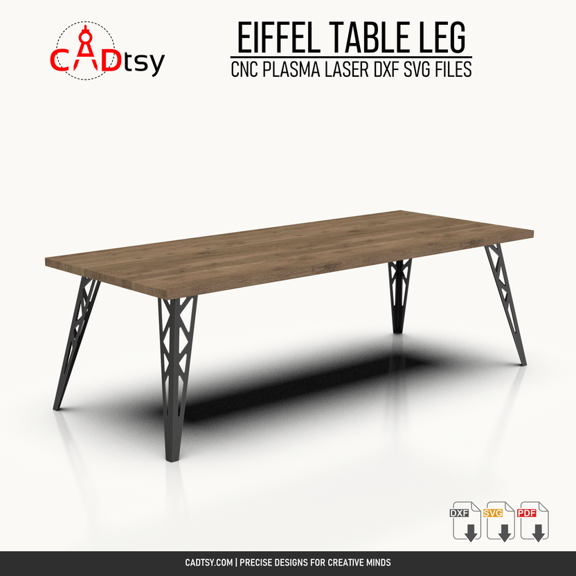 Eiffel style sheet-metal table legs shown on a complete wooden table