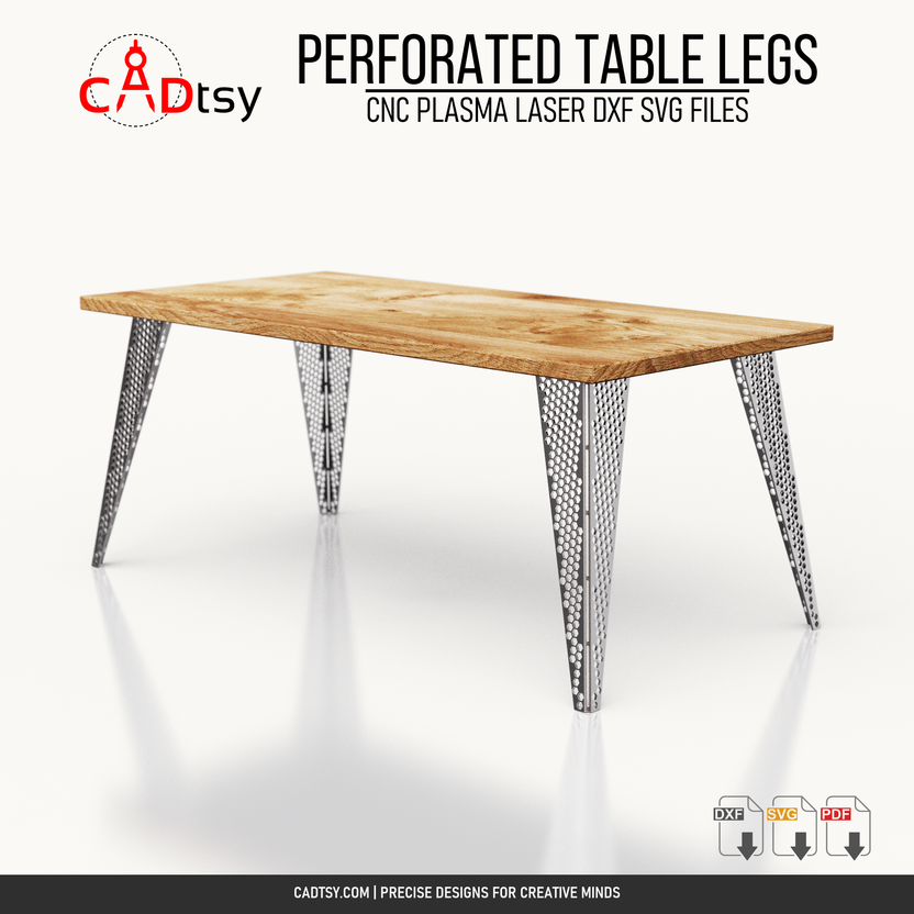 Hex perforated metal table legs shown on an assembled table