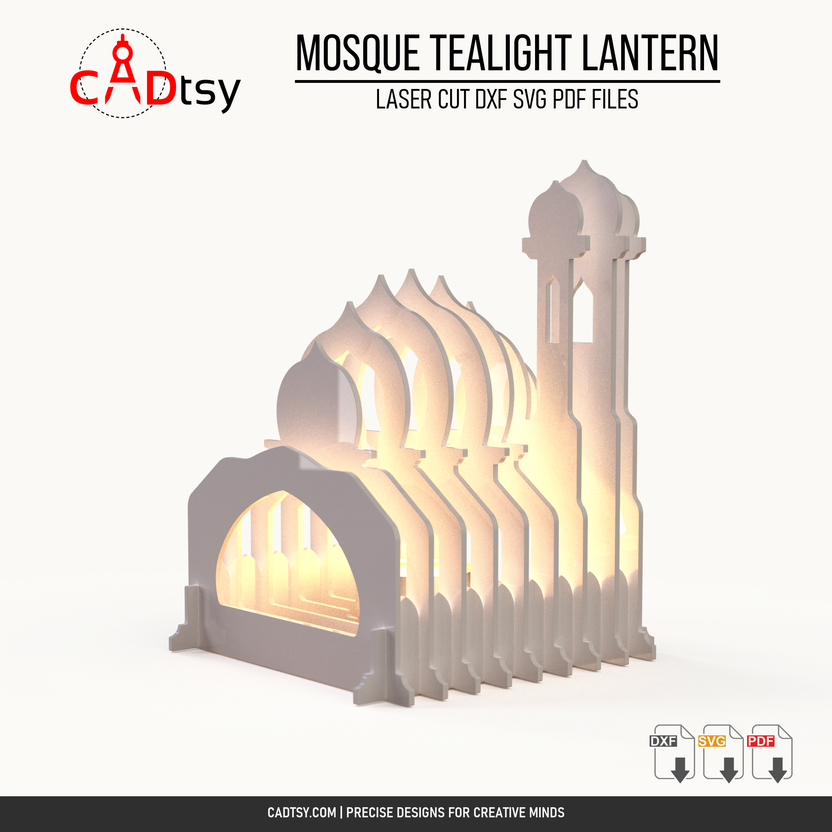 Layered laser-cut mosque tealight lantern shown with a warm internal glow