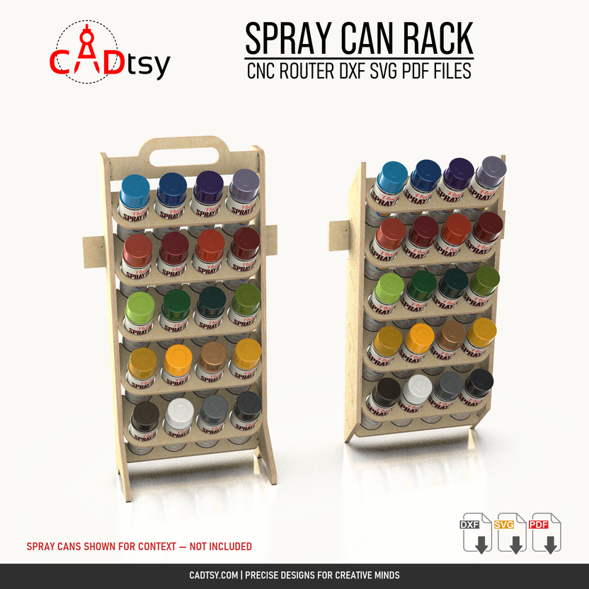 Wall-mounted and mobile plywood spray can racks holding twenty cans each