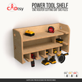 Loaded six-slot plywood power tool shelf for CNC router cutting