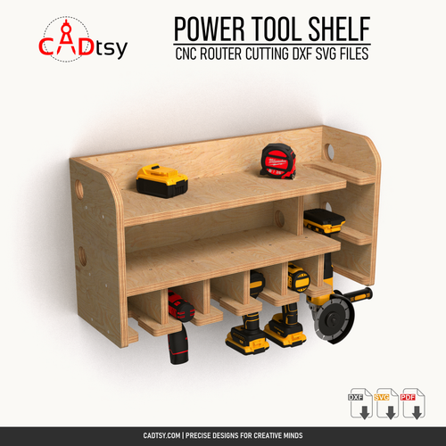 Loaded six-slot plywood power tool shelf for CNC router cutting