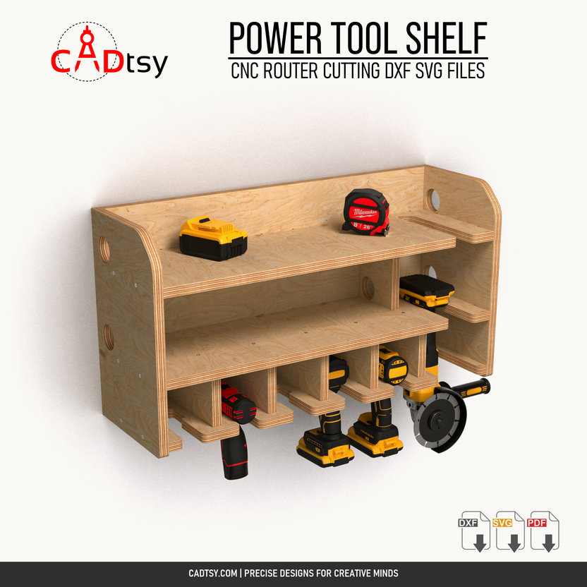Loaded six-slot plywood power tool shelf for CNC router cutting