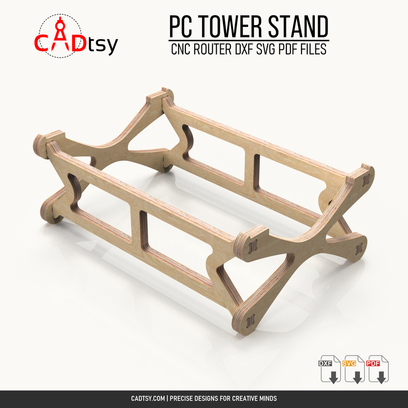 Plywood PC tower stand shown in a raised three-quarter perspective
