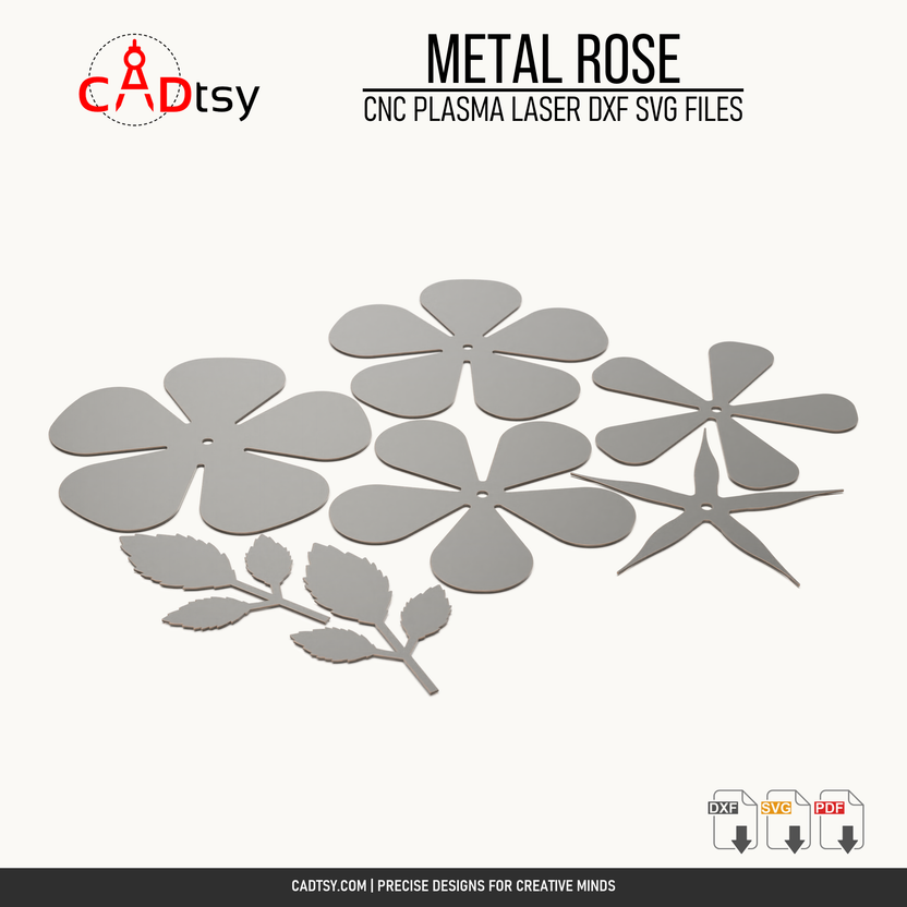 CNC-ready flat pattern for the metal rose petals, leaves, sepals, and stem