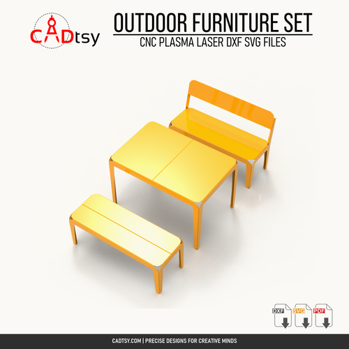 Overhead view of the outdoor metal table, flat bench, and backrest bench