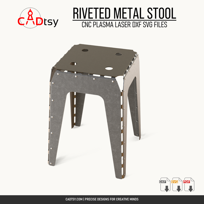 Front perspective of the riveted sheet metal stool
