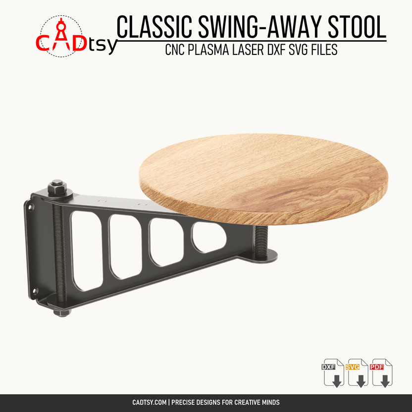 Side view of the solid-arm swing-away stool and wooden seat