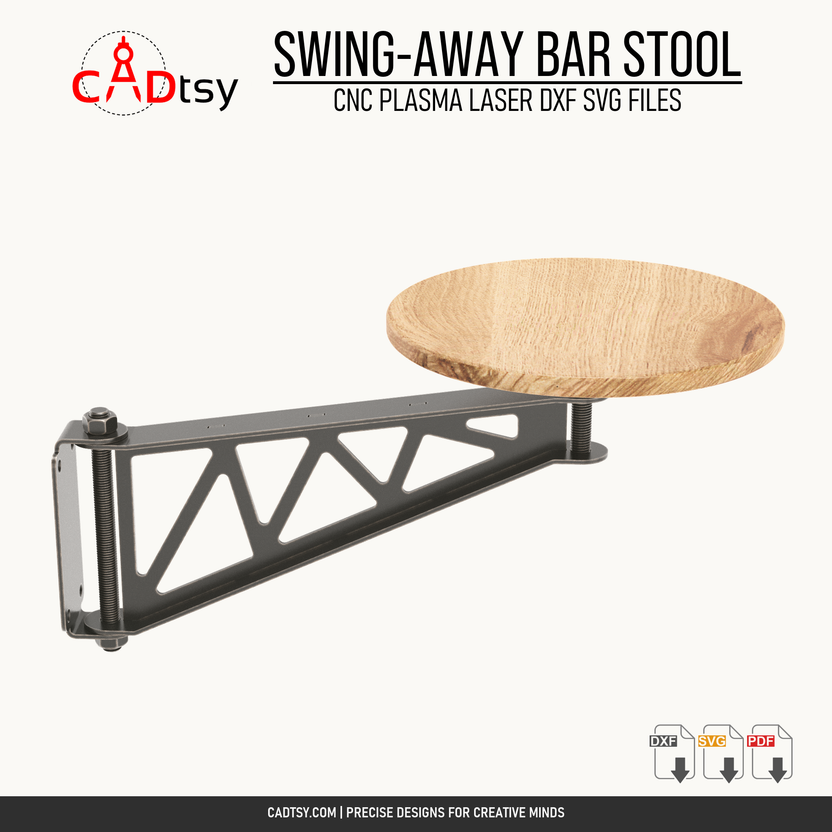 Side view of the web-truss swing-away stool arm and wooden seat