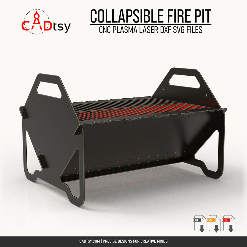 Assembled side view of the collapsible fire pit with removable slotted grill grate