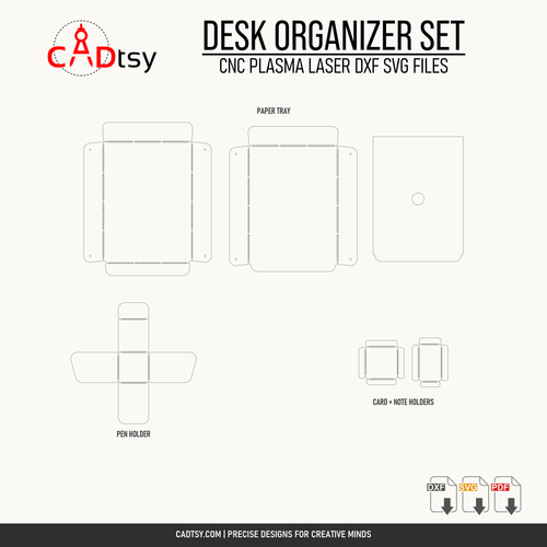 CNC flat patterns for the paper tray, pen holder, card holder, and sticky note holder