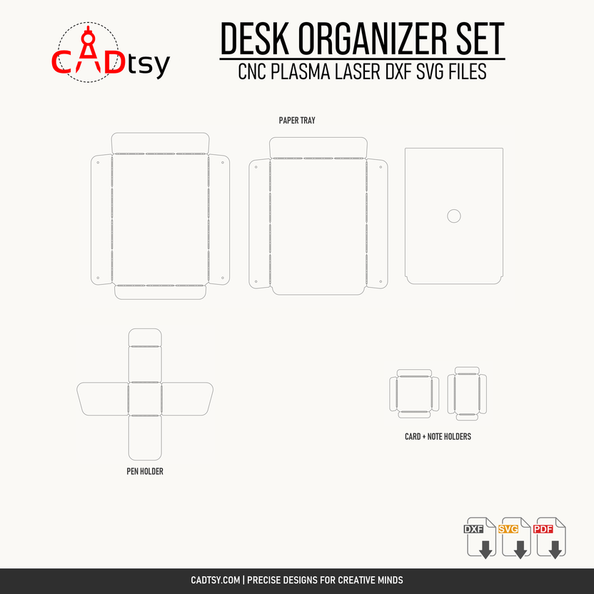 CNC flat patterns for the paper tray, pen holder, card holder, and sticky note holder