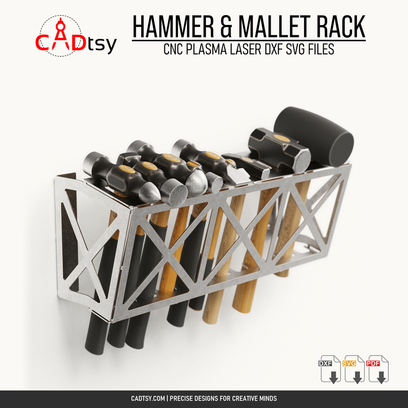 Angled view of the wall-mounted hammer and mallet storage rack