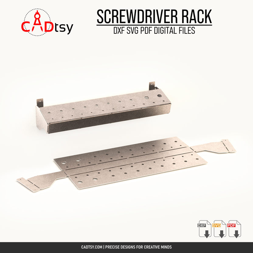 Bent metal screwdriver rack shown above its enlarged diagonal one-piece flat cut layout