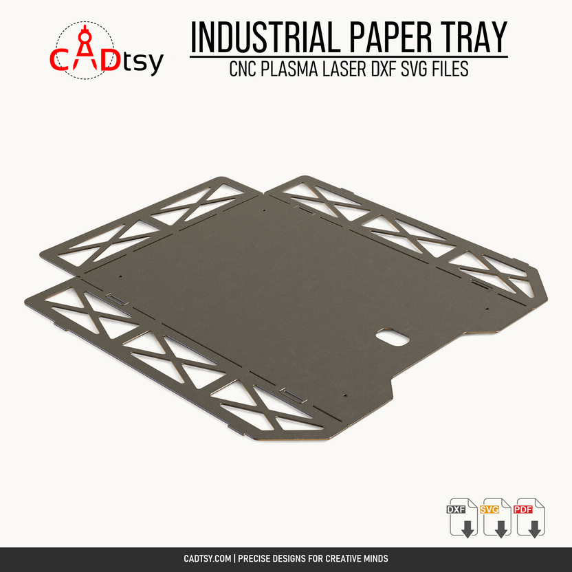 CNC-ready flat pattern with slot-cut bend guides for the industrial metal paper tray