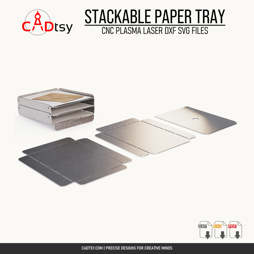 CNC flat patterns and assembled stackable metal paper tray