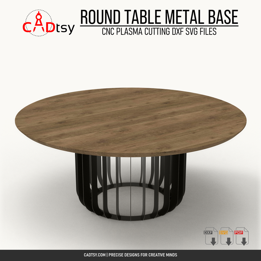 Angled view of the D900 radial metal table base with a round tabletop