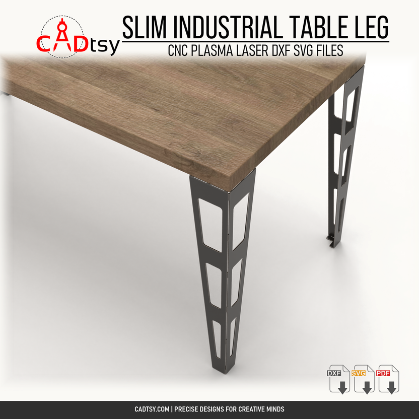 Close angled view of the slim tapered metal table leg mounted under a tabletop