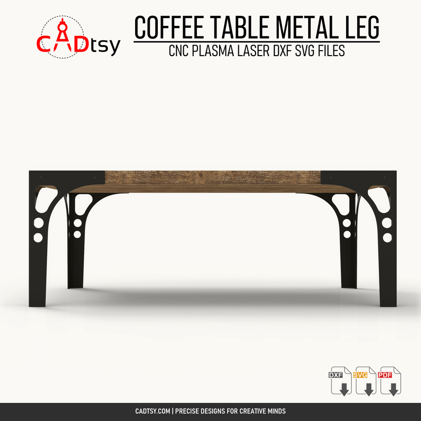 Front profile of a coffee table with four curved industrial metal legs