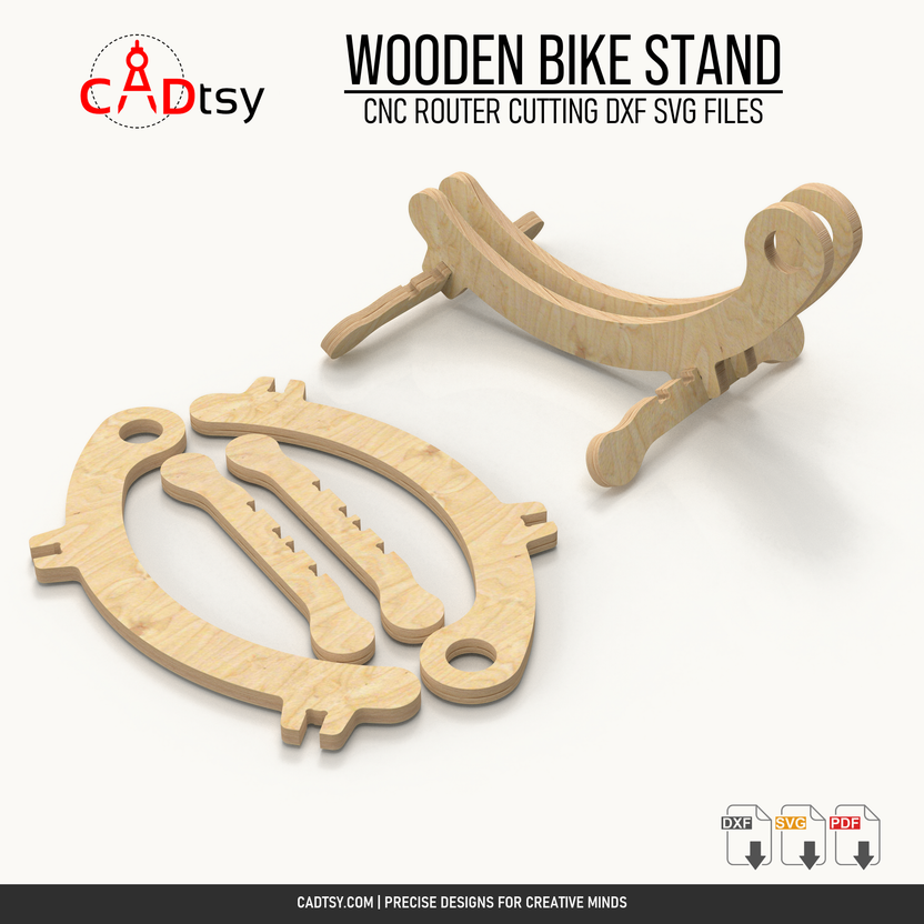 CNC-cut flat patterns and assembled wooden floor bike stand