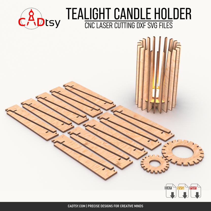 CNC flat layout and assembled view for the wooden tealight holder parts
