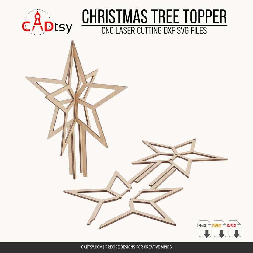 Assembled Christmas tree topper star shown beside its flat laser-cut parts
