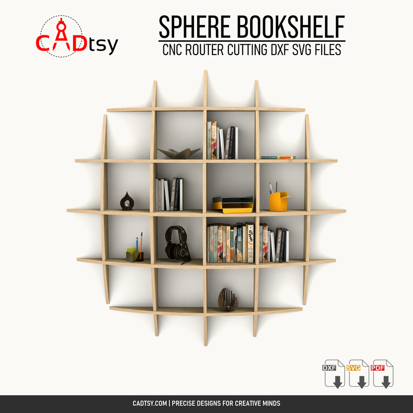 Front view of the assembled sphere waffle bookshelf with books and decor