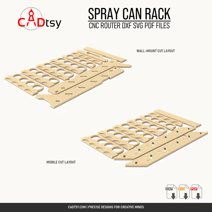 CNC router cut layouts for the wall-mounted and mobile spray can rack versions