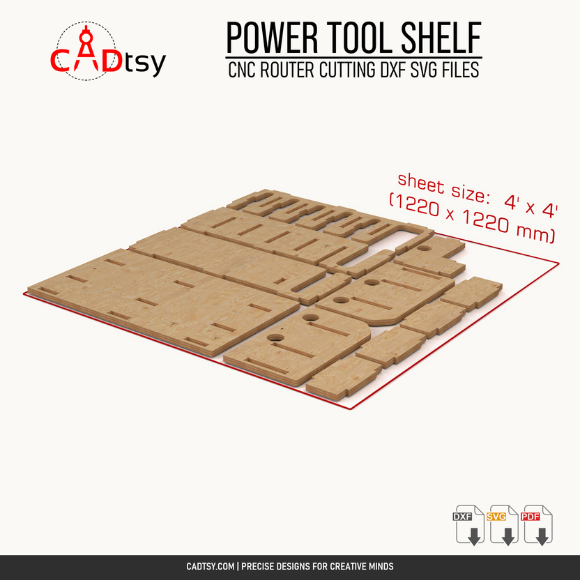 Flat CNC router-cut plywood component layout for the six-slot power tool shelf