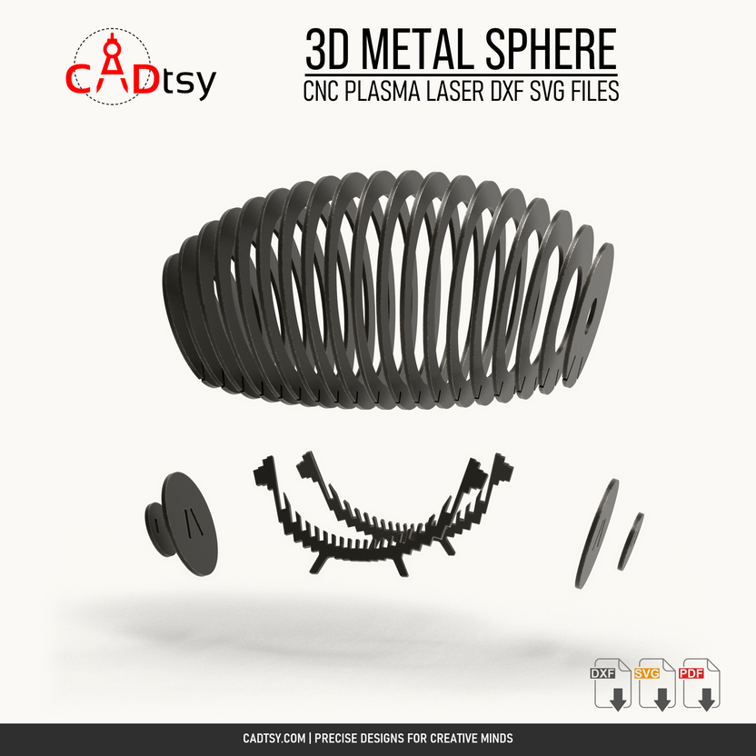 Exploded construction view of the ribbed metal sphere sculpture and lower supports
