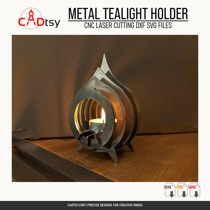 Real fabricated metal tealight holder shown lit on a wooden surface
