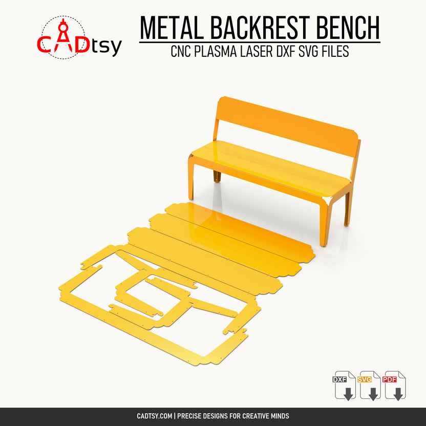 Assembled metal backrest bench shown with its flat CNC-cut panel layout