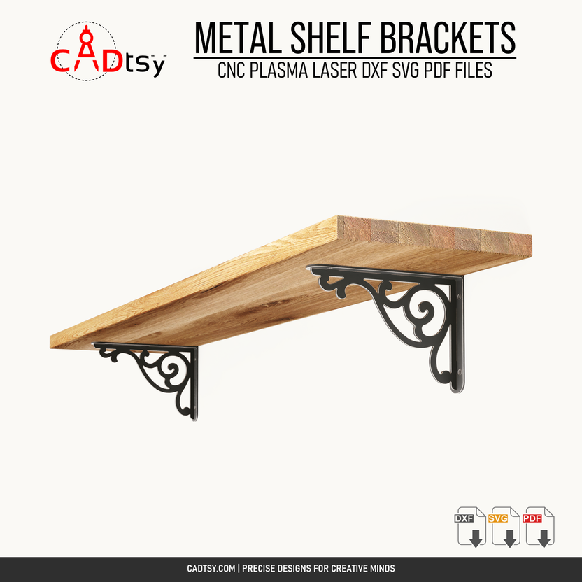 Underside perspective of two decorative metal brackets supporting a wooden shelf