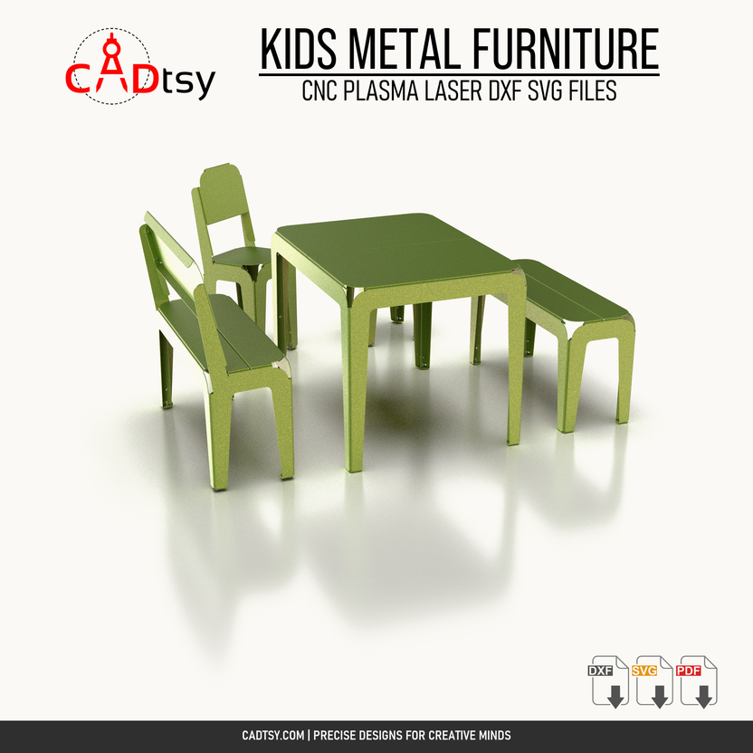 Rear view of the kids metal table, benches, chair, and stool