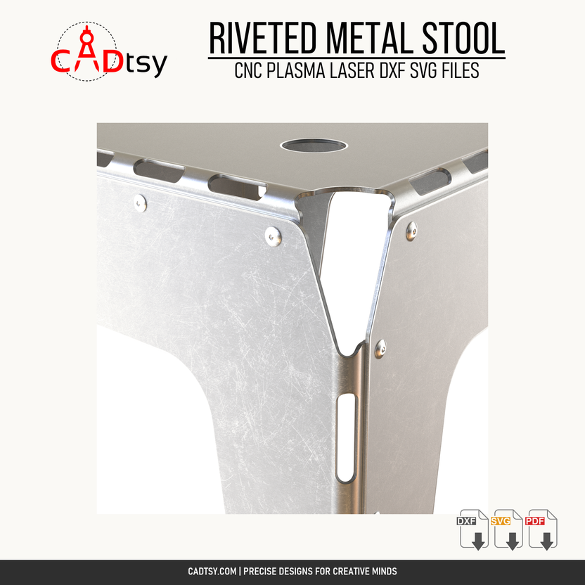 Close-up of the stool riveted corner and slot-assisted bend details