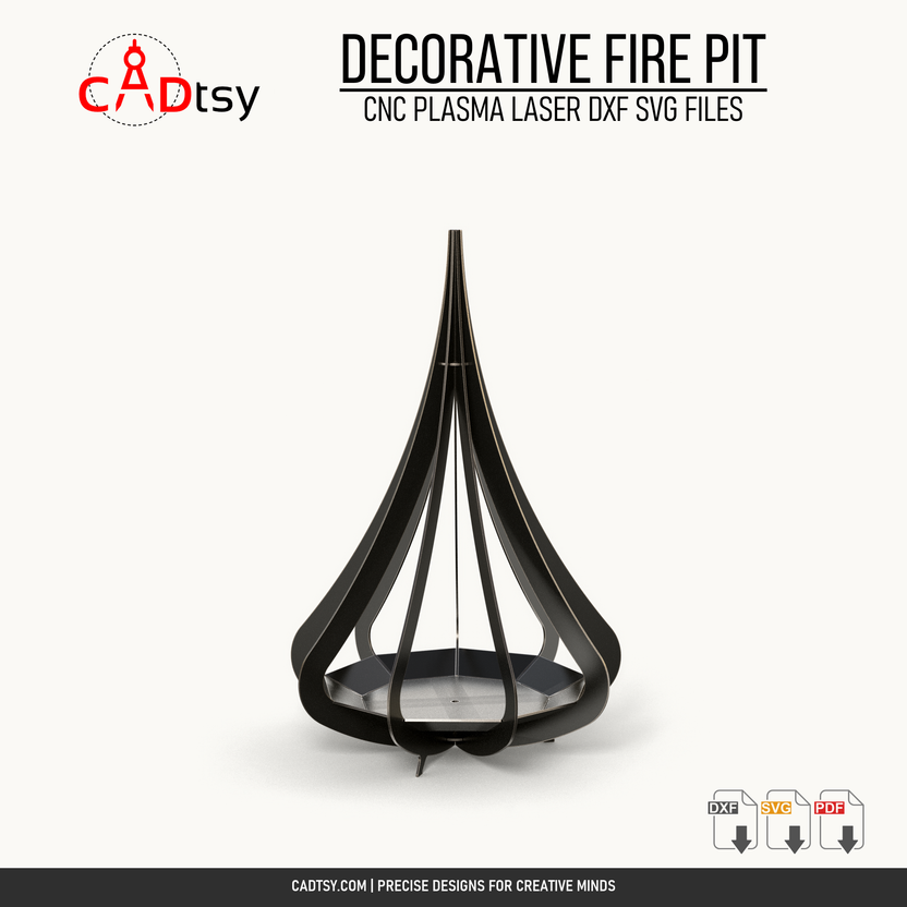 Front view of the empty teardrop-style metal fire pit