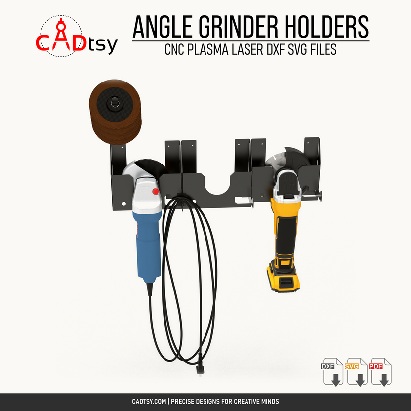 Front view of wall-mounted holders with corded and cordless angle grinders