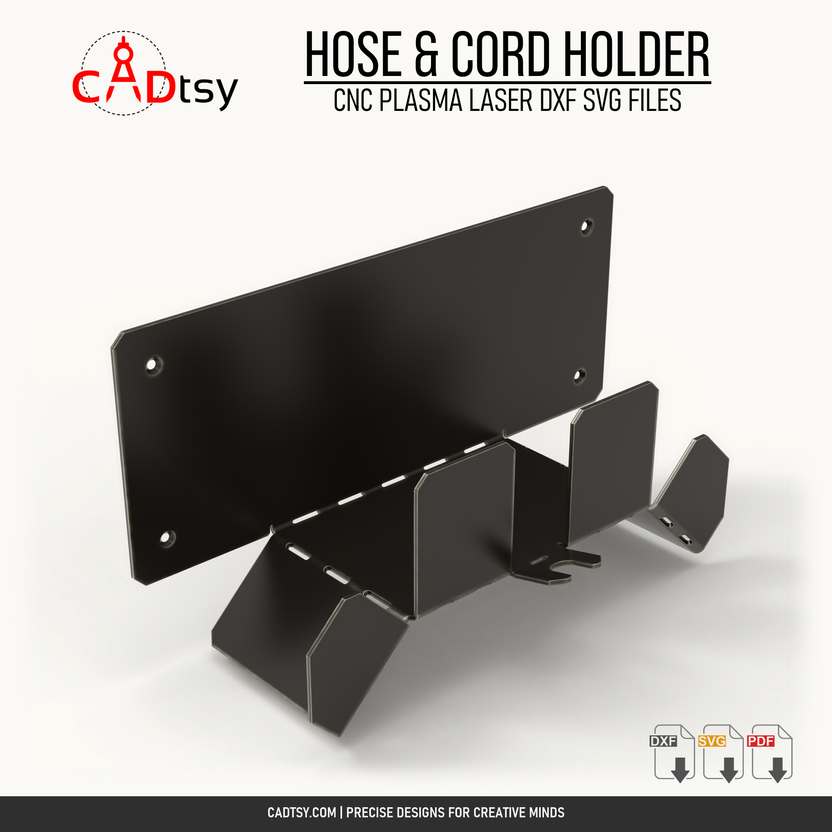 Empty metal hose holder showing the back plate, hooks, and bend slots